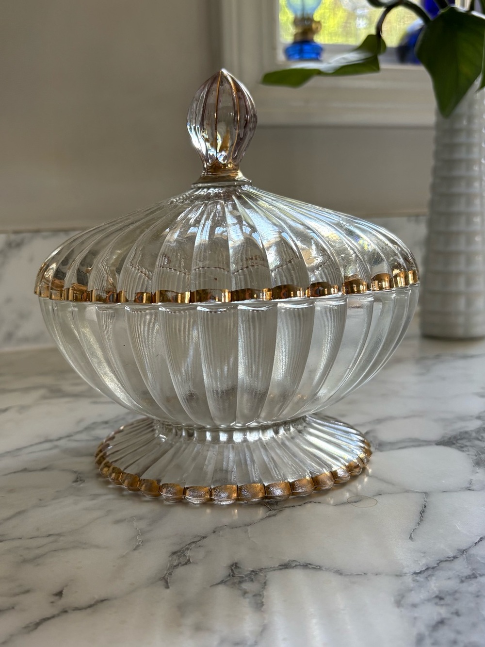 Lidded Glass Candy Jar with Gold Rim and Lid